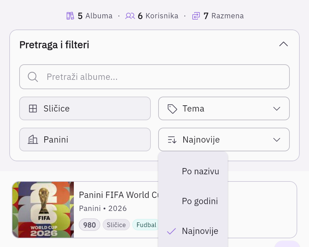 Red filtera iznad liste albuma — Tip, Tema i Izdavač — i otvoren meni za sortiranje sa opcijama „Po nazivu", „Po godini" i „Najnovije"