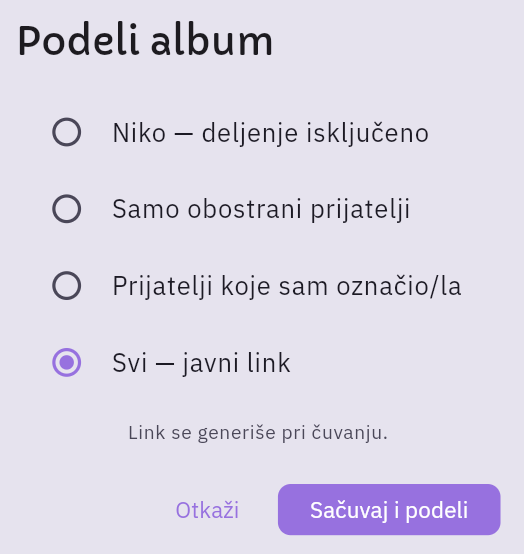 Dijalog „Podeli album" sa opcijama vidljivosti