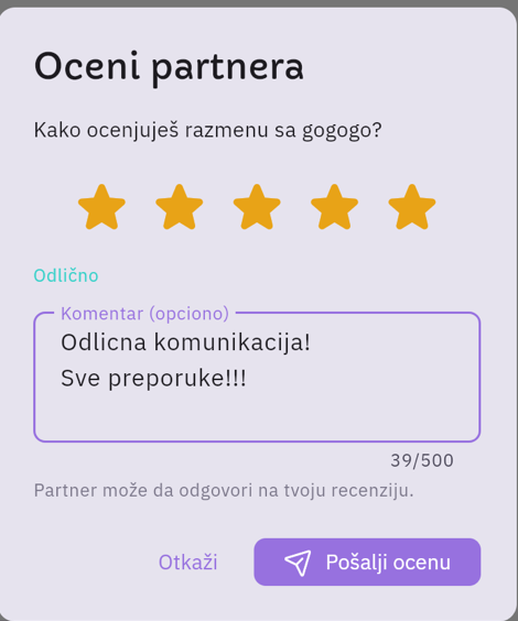 Prozor „Oceni partnera": izbor od 5 zvezdica sa opisom ocene (npr. „Odlično"), opciono polje za komentar i dugme „Pošalji ocenu"