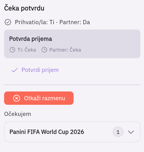 Panel razmene: „Čeka potvrdu", status potvrde prijema, dugmad Potvrdi prijem i Otkaži razmenu, lista Očekujem
